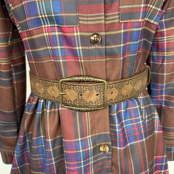 Tartan Plaid Long Sleeve Button Front maxi Dress Belt Womens S-M preppy - Picture 5 of 15